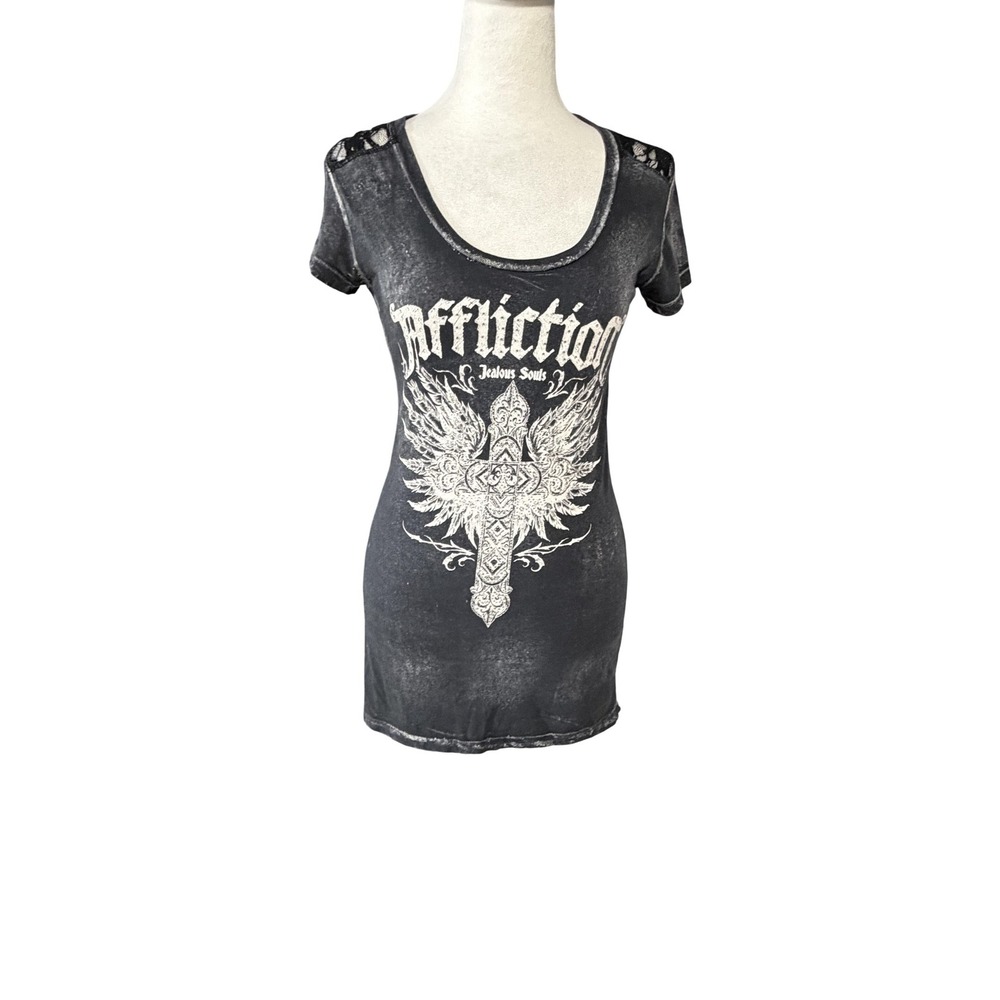 Affliction T Shirt Womens S Black Jealous Souls Cross Wings Graphic Lace Top